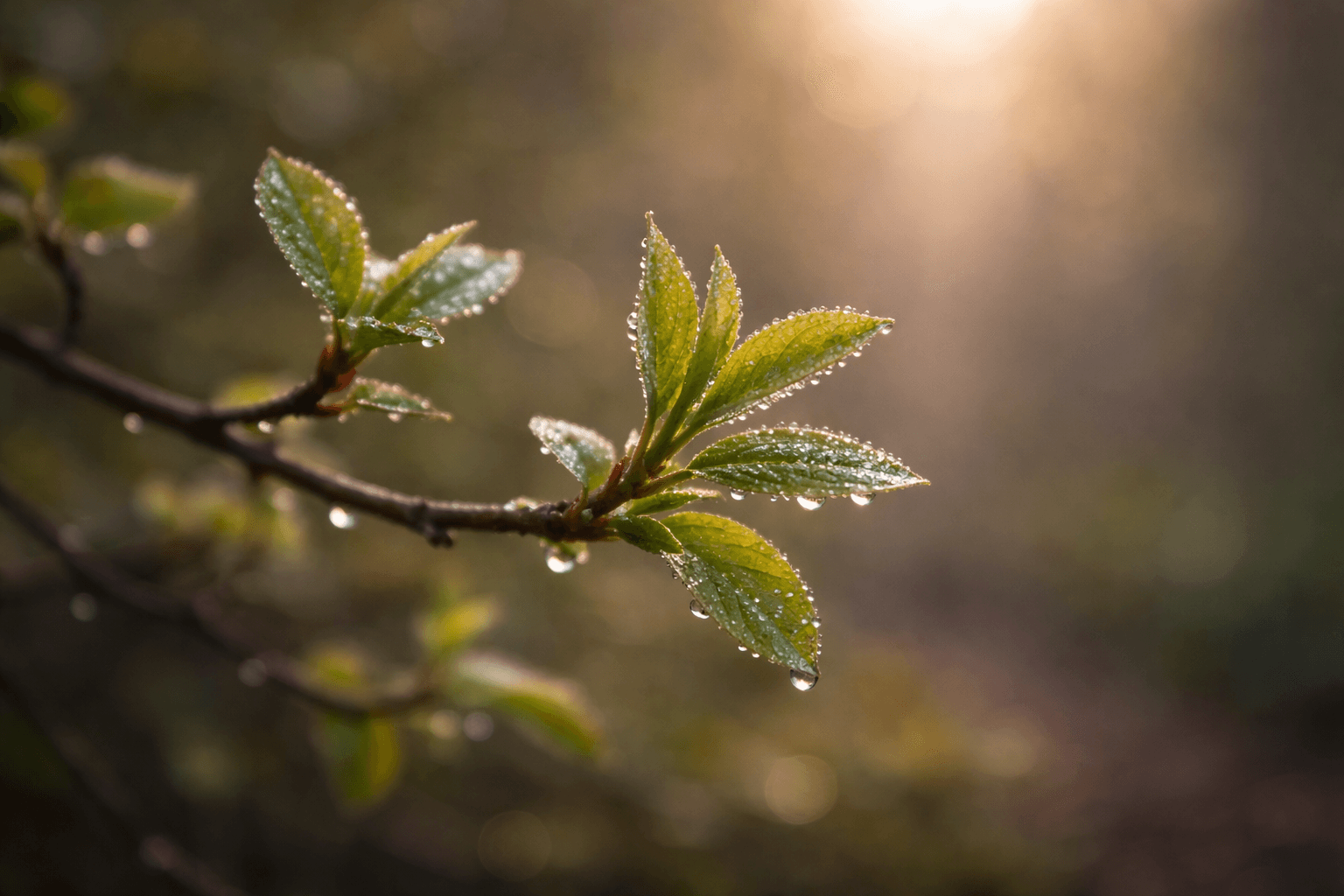 Dewy leaves in soft morning light