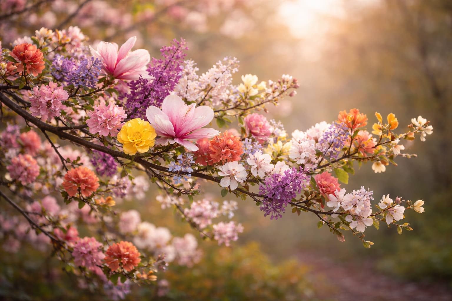 Abundant colorful blossoms on a branch in warm golden light